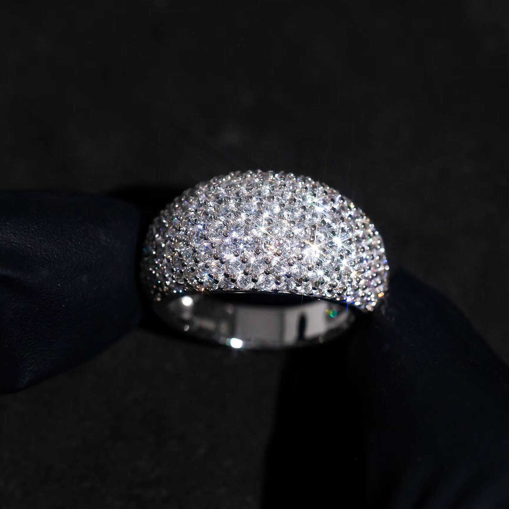 Hip Pop Rock Style Iced Out Pave Moissanite Diamond Dome Ring Silver 925 Plated With 18K White Gold VVS Moissanite Jewelry