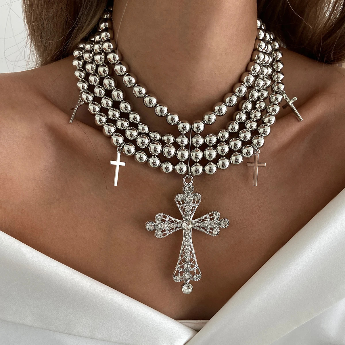 Salircon Exaggerated Inlaid Rhinestone Big Cross Pendant Necklace Women Multilayer Aesthetic CCB Beaded Choker Jewelry 250716