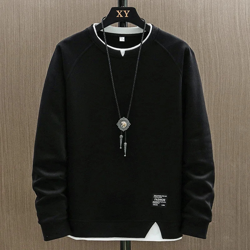 2025 Mens Casual Sweatshirts Harajuku Solid Color Fashion Fake Two Pieces O-Neck Sweatshirt Hoodies Hip Hop Male Streetwear 250707