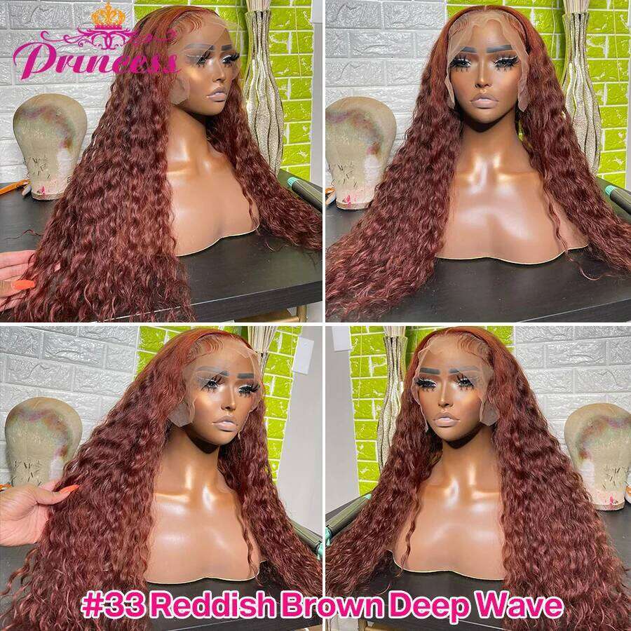 Princess 34 Inch Reddish Brown 13x6 HD Frontal Wig Colored Deep Wave 13x4 Lace Front Human Hair Wigs