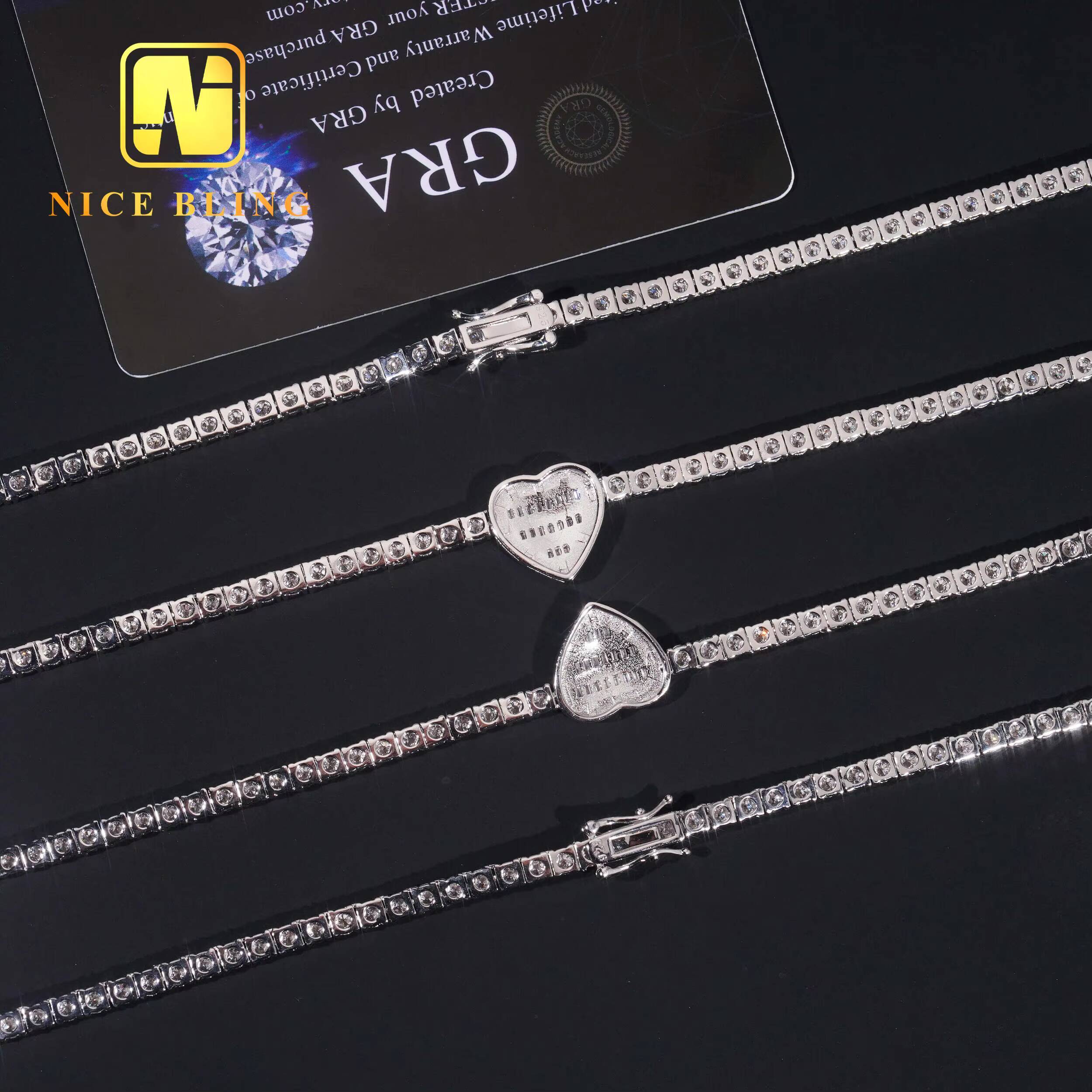 GRA Certificate Elegant Women Gift Jewelry 3mm 925 Sterling Silver Iced Out VVS1 Moissanite Diamond Heart Cluster Tennis Chain