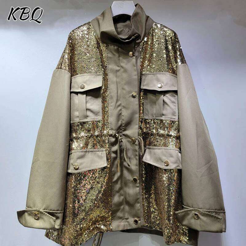 KBQ Hit Color Chic Windbreaker For Women Stand Collar Long Sleeve Patchwork Single Breasted Loose Temperament Coats Female New