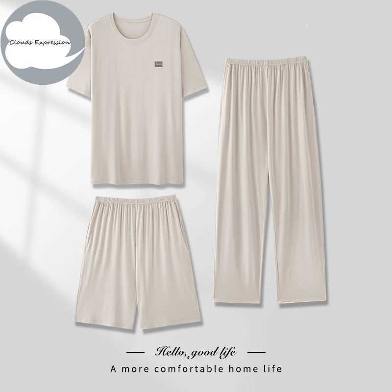 Summer New Modal 3 Pieces Pjs Short-sleeved Mens Pajama Sets Male Pajamas Plaid Loungewear Sleepwear Homewear 4XL PJ Clothing W250717