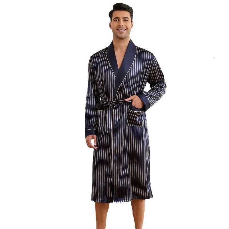 Men Stripe Print Kimono Robe Sleepwear Loose Casual Satin Homewear Bathrobe Gown with Belt Loungewear Spring Summer Nightwear W250717