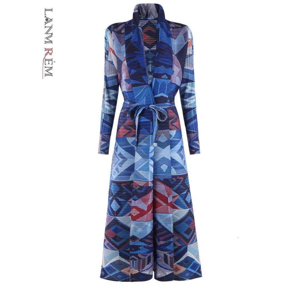 LANMREM Pleated Trench Coat Abaya Style Long Robe Women's Fashion Temperament Printed Versatile Coats With Belt 32Da2703
