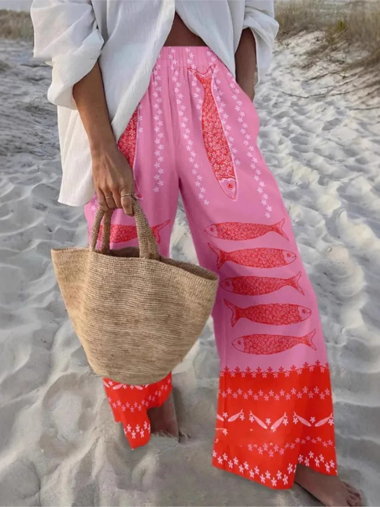 Spring Summer Casual Trousers Loose Sports Wideleg Pants Women Vintage Print Beach Party Holiday Long Clothes 250717