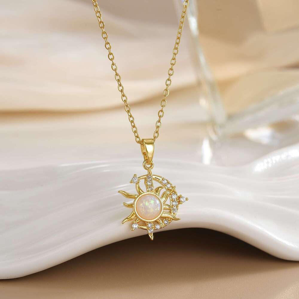 Gold-Plated Copper Opal Temperature-Sensitive Sun And Moon Pendant Micro-Paved Zirconia Titanium Steel Necklace 862