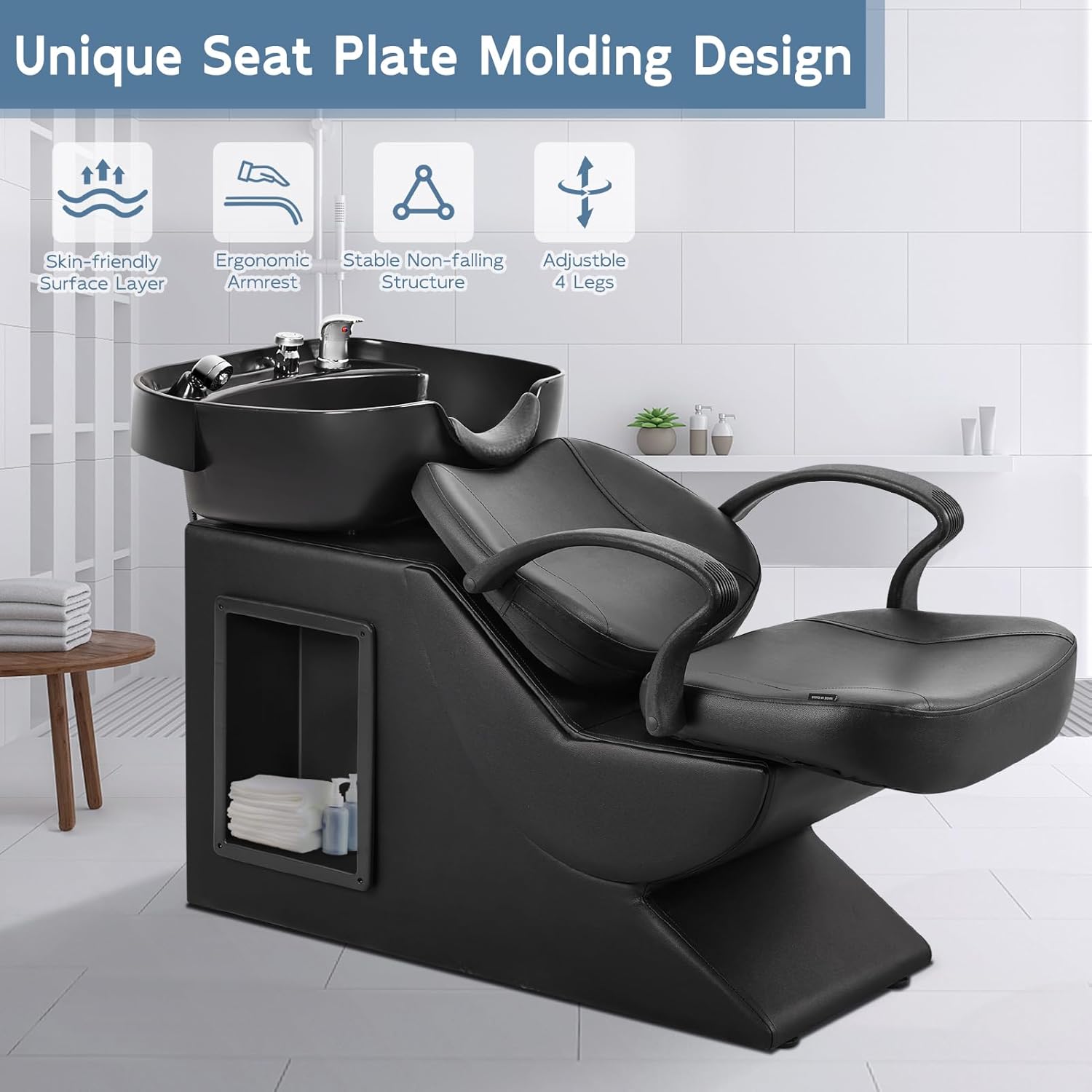 Shampoo Bowl and Chair Set for Salon Hair Washing Station for Hair Stylist ABS Shampoo Bowl Sink Chair with Side Store Compartment for Spa Beauty Barb