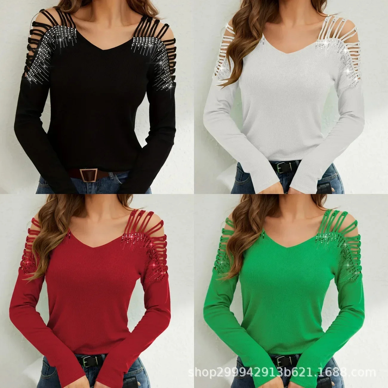 Lace splicing rhinestone V-neck long sleeved womens T-shirt sports womens round neck hollowed out shoulder long sleeved shirt 250714