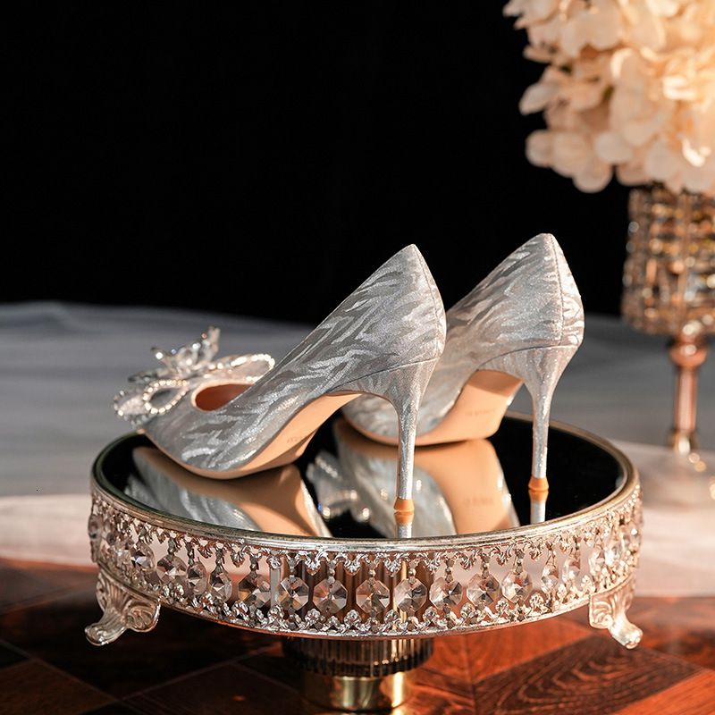 Silver Glitter New Cinderella Wedding Stiletto Heel Pointed Toe Shallow Mouth Crystal Bride Shoes Bridesmaid High Heels ddmysaturn