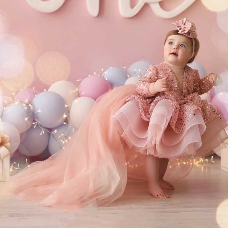 Customized Flower Girl Dresses Cute Pink Glitter Sequined Shiny Puffy Organza With Bow Fit Wedding Party Princess Ball Gowns Z250716