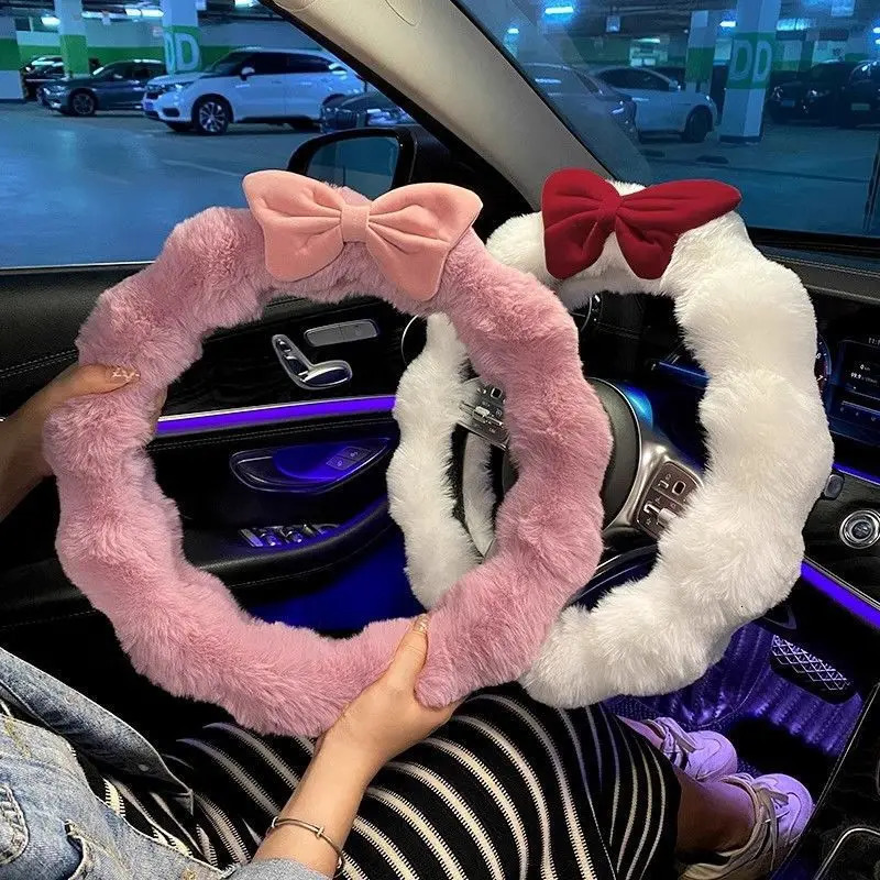 Bow Car Steering Wheel Cover Plush Winter Warm Steering Qheel Grip Cover Non-Slip Steering Wheel Protector Car Accessories 250715