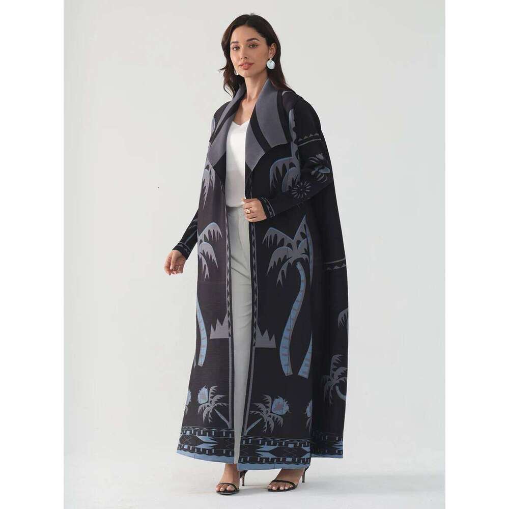 Miyake Pleated Turndown Collar Long Sleeve Printed Abaya Women 2025 New Dubai Original Designer Loose Cardigan Dress Coats