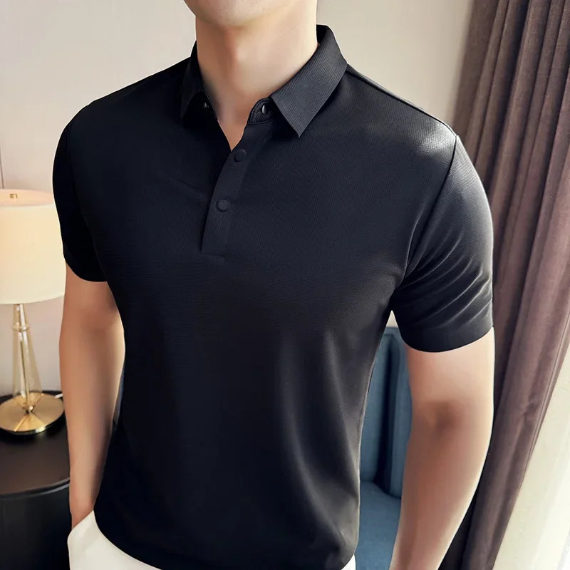 Men Polo Shirt 2025 Summer Ice Silk Light Thin Traceless Solid Casual Elastic Slim Fit Short Sleeved T-shirt Men Clothing 250716