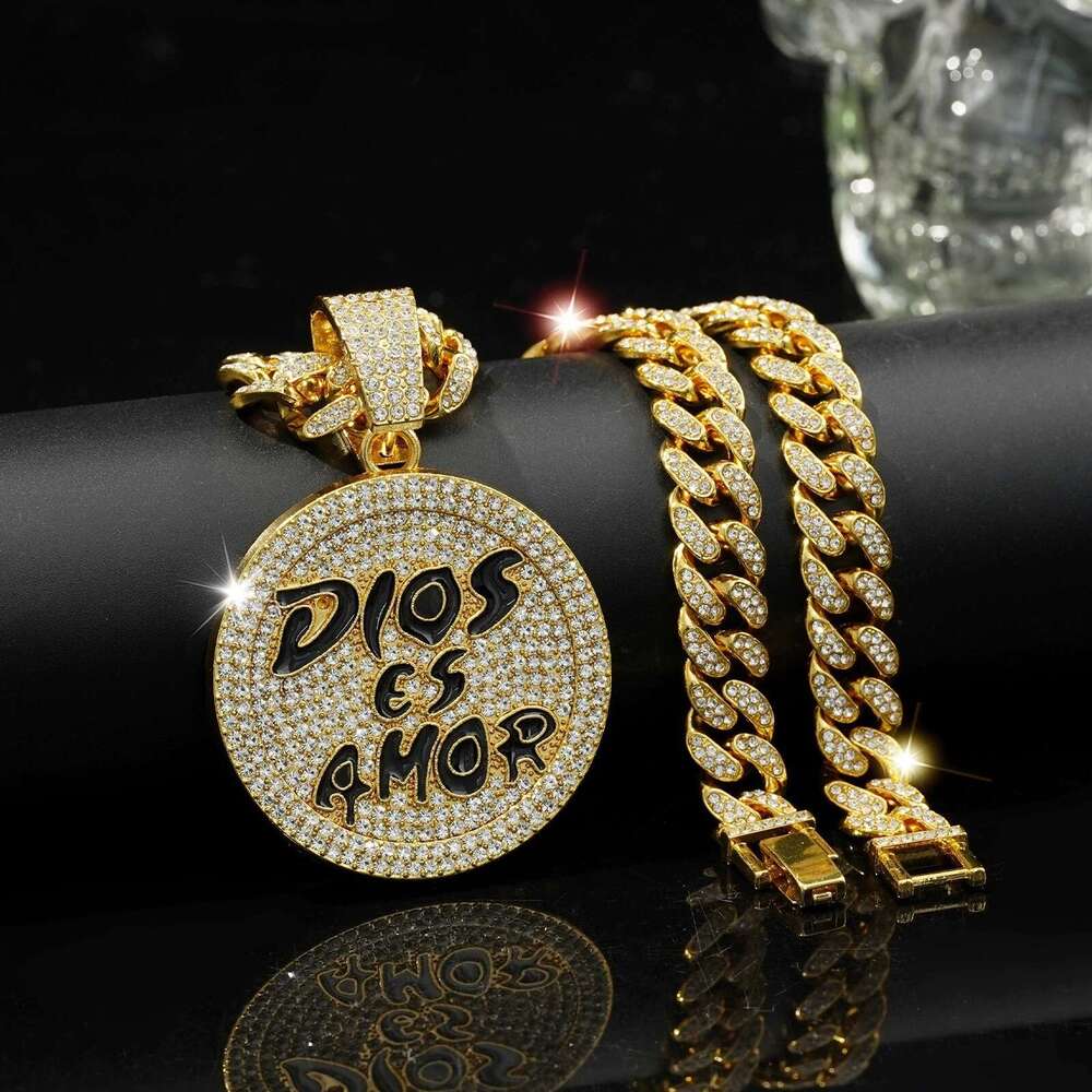 Inlaid Dia Oil Drop Round Pendant Exaggerated Personality Alloy Cuban Chain Fashion Creative English Letter Necklace