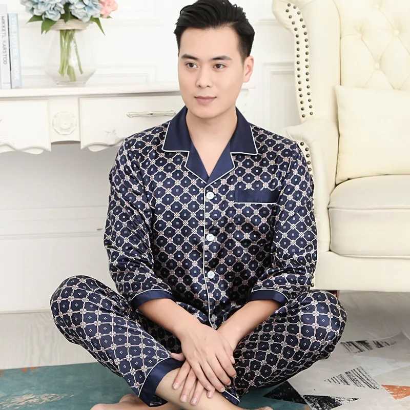 High Quality Mens Pajamas Suit Summer Imitation Ice Silk Sleepwear Thin Short-sleeved Trousers Two-piece Loungewear Suit Male W250717