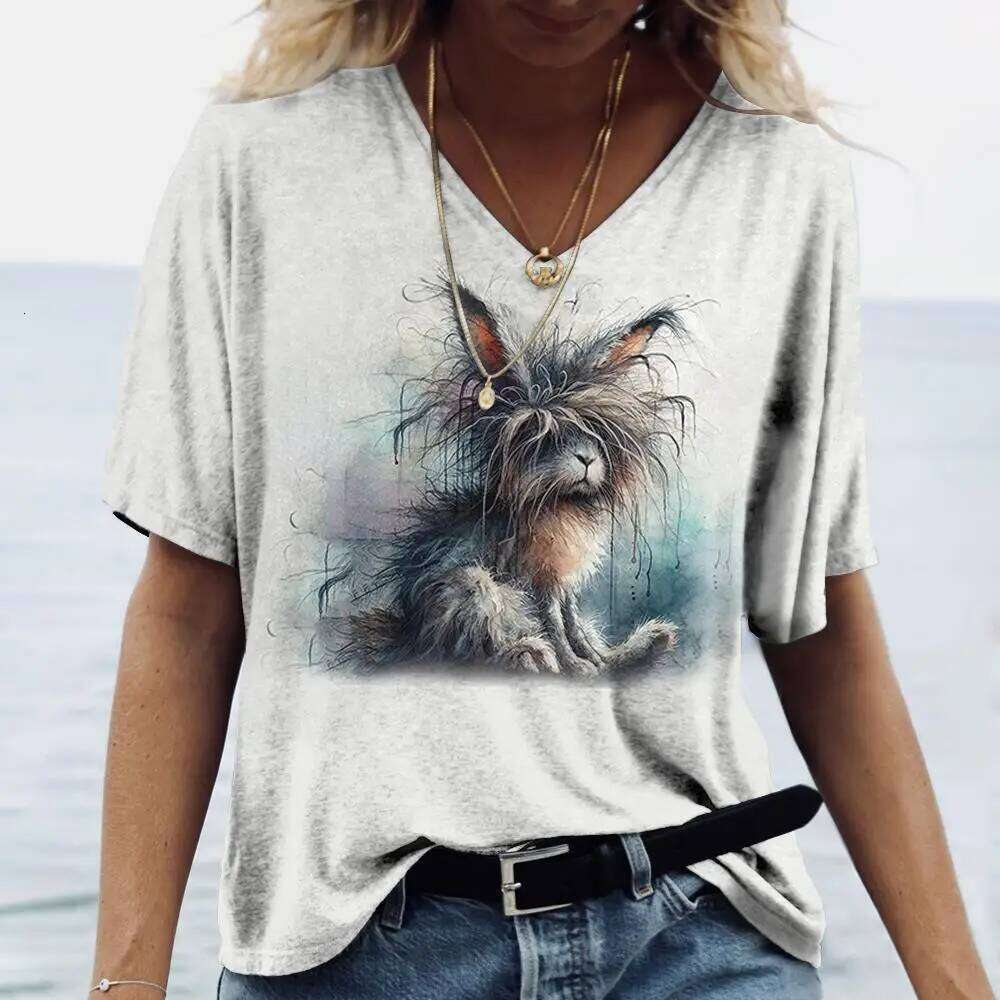 Women's T Shirt For Summer Animal Print Casual Short Sleeve Rabbit T-Shirts Female V-Neck Oversized Clothing Fashion Pullover