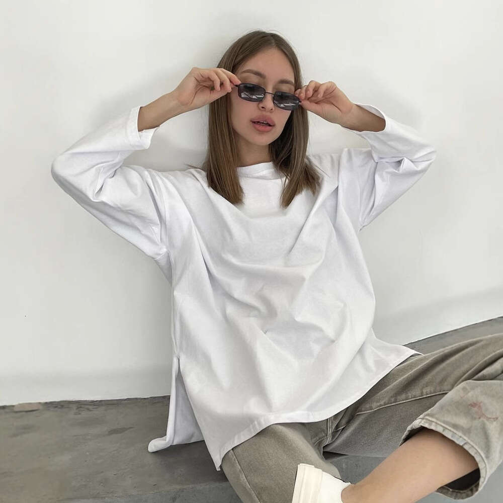Style Loose Long Sleeve Split T-Shirt For Women, Solid Color 100% Cotton Top, Spring Summer Women's Clothing B5