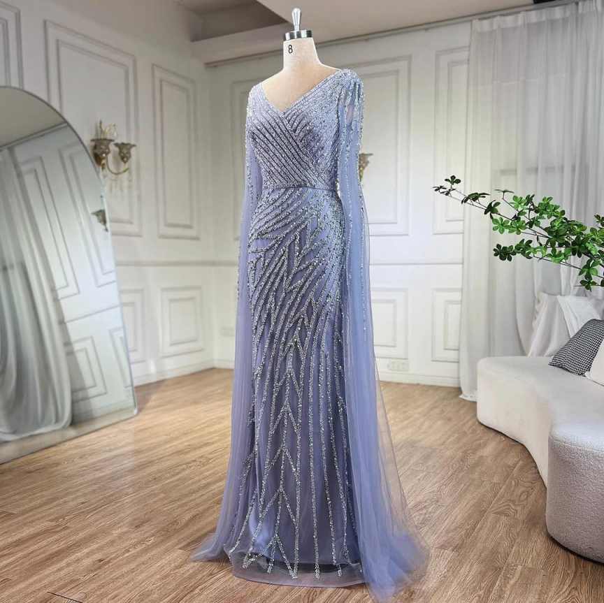 Elegant Mermaid Evening Dress V Neck Long Sleeve Beaded Sequins Prom Gowns With Tulle Floor Length Formal Dresses Customized