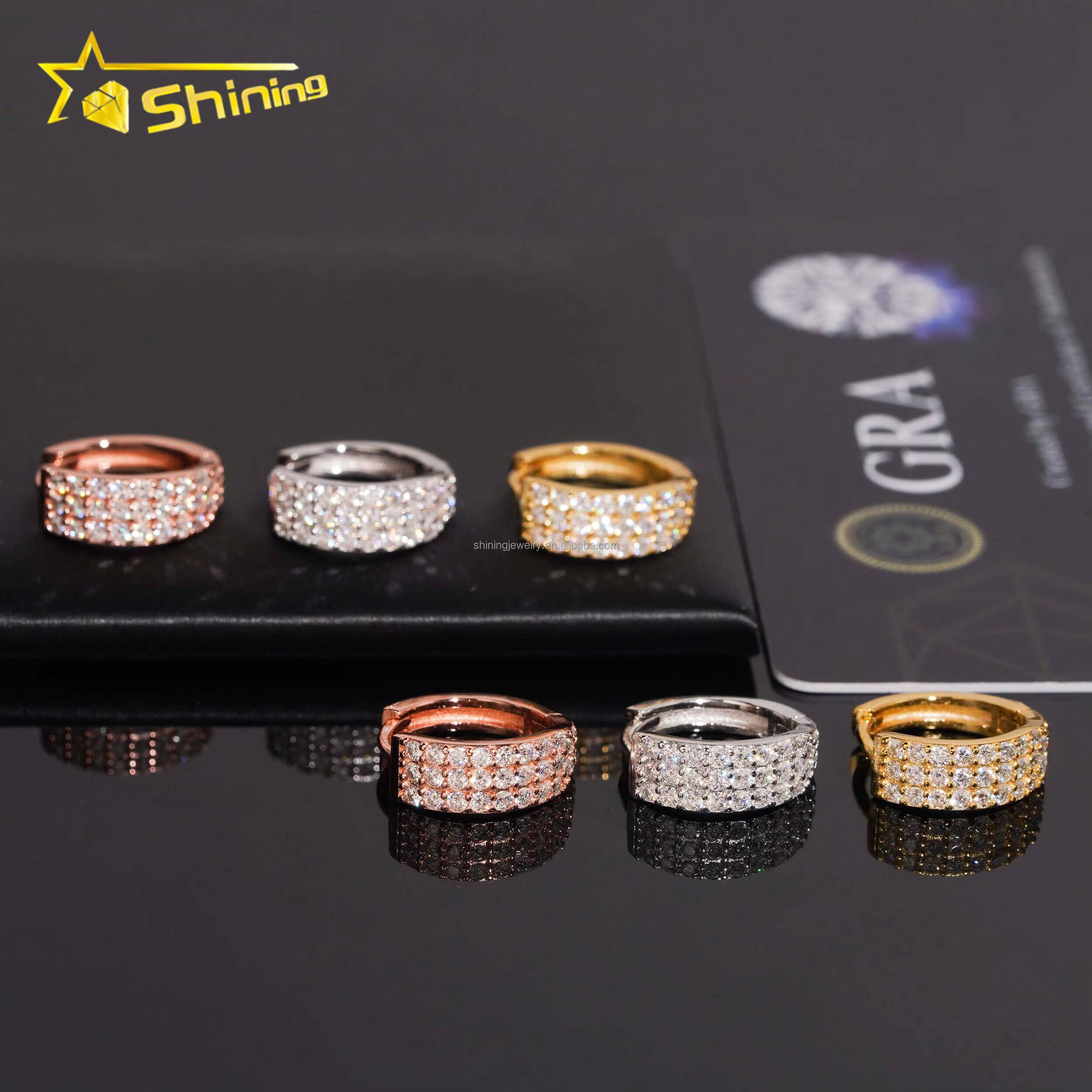 Popular Style Drop Shipping Bulk Stock 2Rows Vvs Moissanite Diamond Hoop Earrings Hip Hop Iced Out 925 Silver Hoop Earrings Man