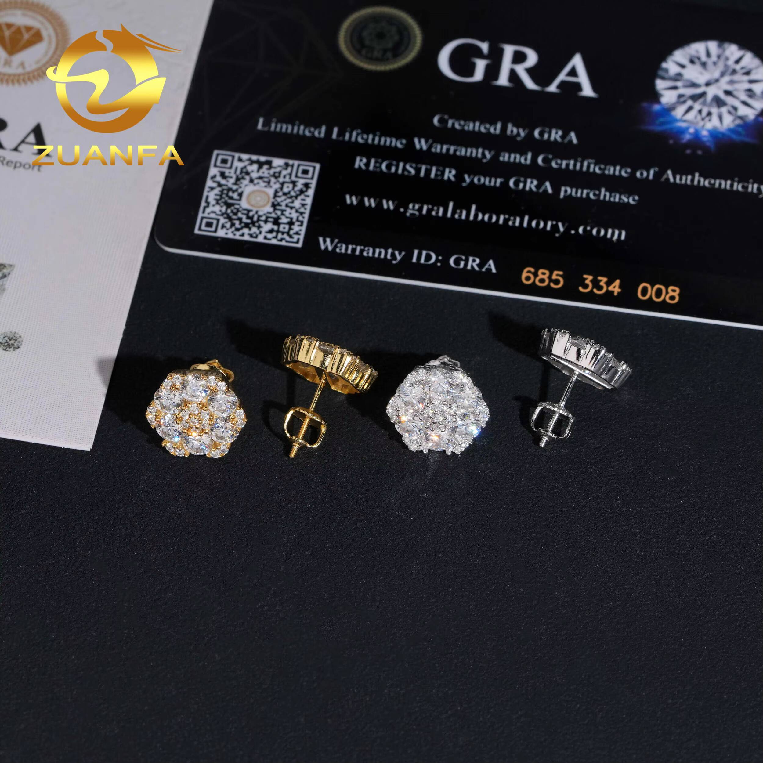 Gra Certificate Flower Cluster Moissanite Earrings 925 Sterling Silver Moissanite Iced Out Earrings for Men and Women