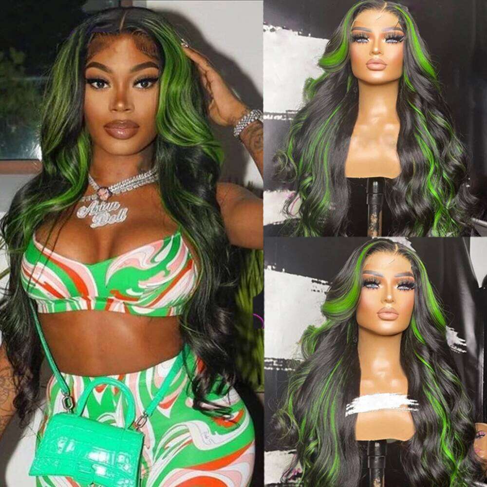 Black and Highlight 13x4 Body Wave Frontal Wigs Ombre 13x6 Green Lace Front Wig Human Hair Pre Plucked