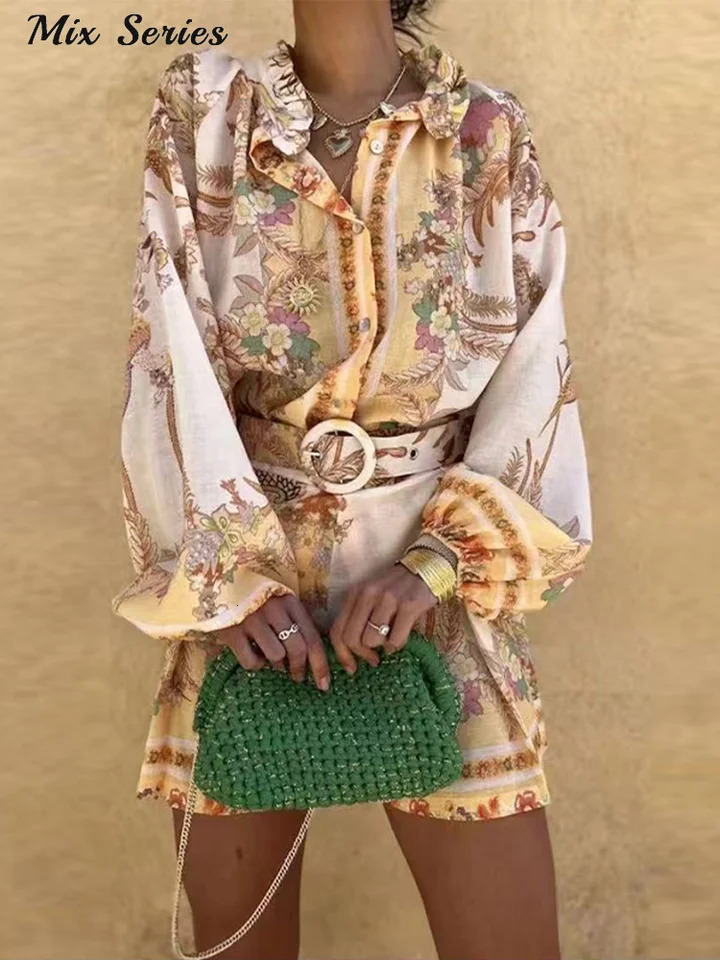 Casual Print Tops Shorts Sets Loose Stand Collar Lantern Sleeve Top High Waist Short Pant 2025 Summer Lady Vacation Suit 250714