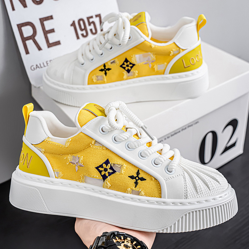Trendy Casual Men Shoes 2025 New Design Shell Toe Embroidery Print Color Block Plimsolls Thick Sole Fashion Men Shoes