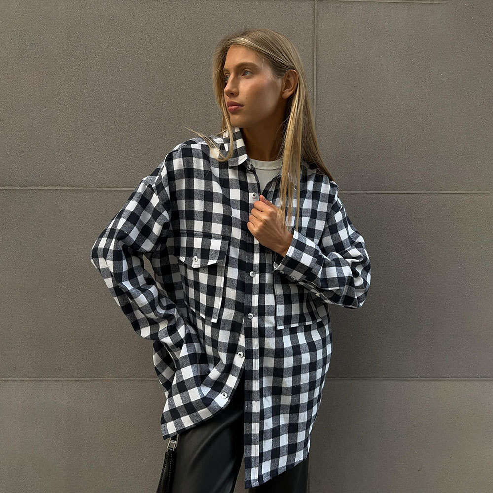 For Women Autumn New American Style Double Pocket Plaid Striped Mid-Length Shirt B5