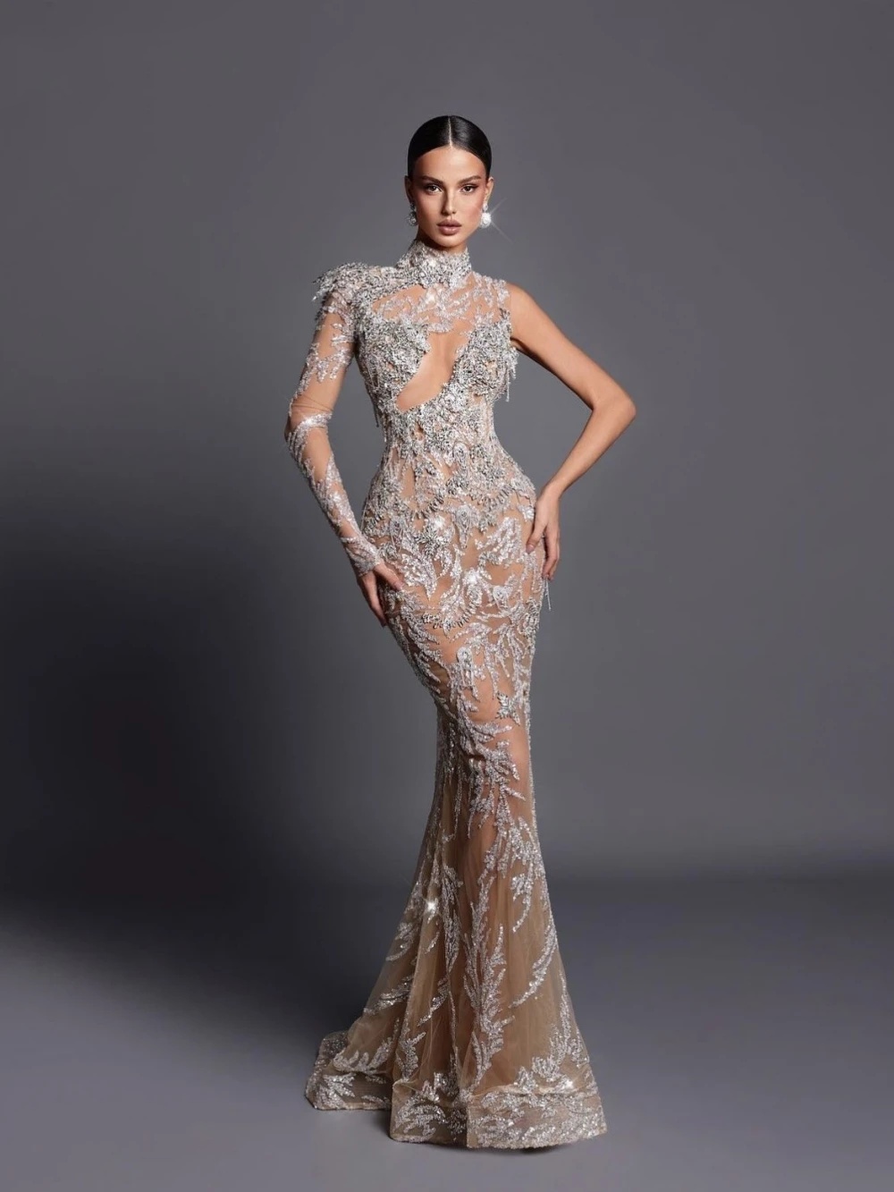 Royal High Neck Sequined Lace Mermaid Wedding Dress Elegant One Shoulder Bridal Gown Appliques Illusion Bride Dresses Customized