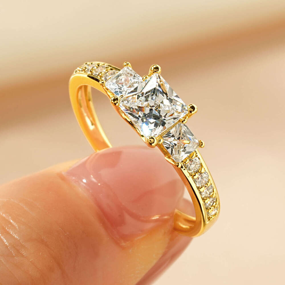 Square Imitation Moissanite Three Diamond Classic Style Light Luxury Niche Design Zircon Ring For Women 9Ac