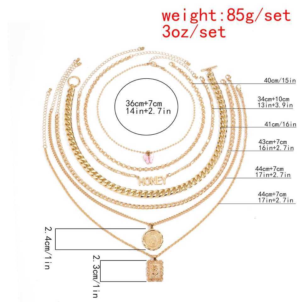 7 Pcs Fashion Punk Gold Color Pendant Chain Necklace Set for Women Vintage Boho Letter Coin Multi-Layer Necklaces Jewelry Gifts XJ250717