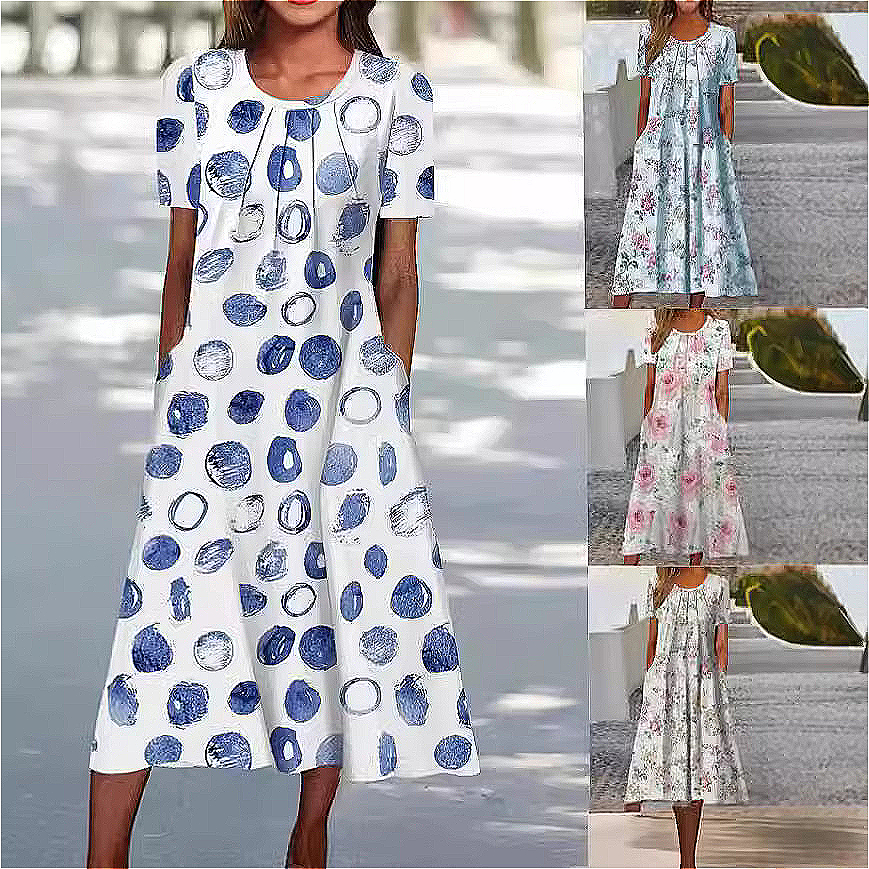 215 New Dress Summer European and American Short Sleeve Round Neck Printed Pocket A-Line Dress Women's Clothing