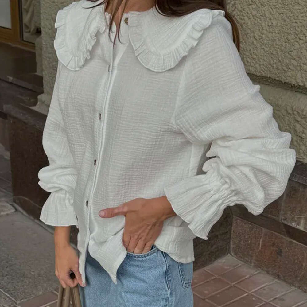 Pure Cotton Doll Collar Summer New Ruffled Lantern White Long Sleeve Shirt For Women B5