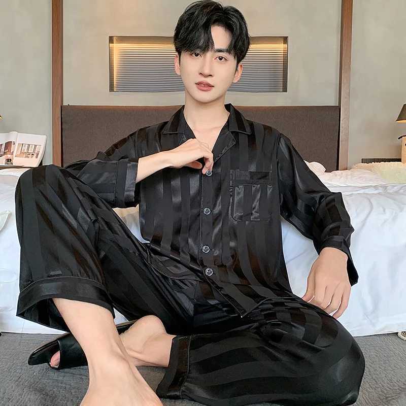 Couple Pajamas Suit Women Male Ice Silk Long-sleeved Sleepwear Summer High-end Loungewear Spring Fall Men Female Striped Pajamas W250717
