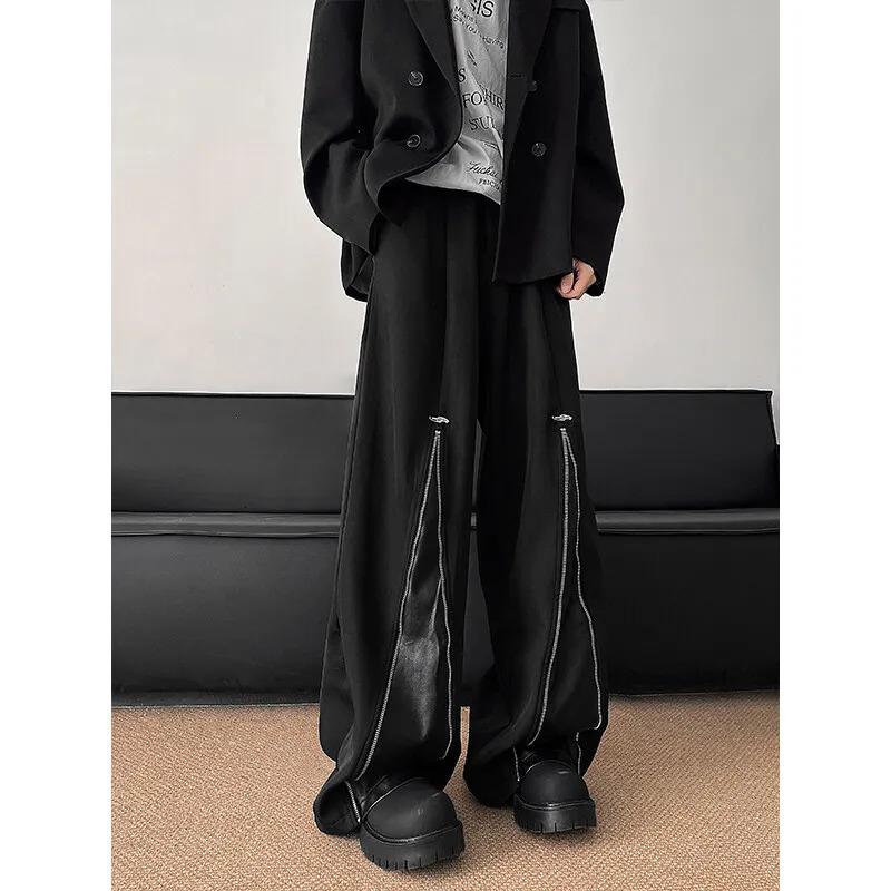 Patchwork Wide Leg Pants Men Casual trousers PU Zipper Hip Hop unisex Fashion Harajuku High Street trend Loose Ropa Hombre 250704