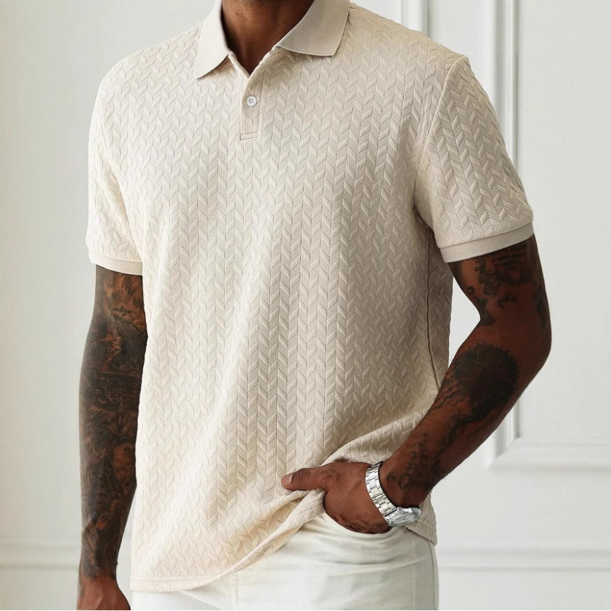 Men's Khaki Polo Shirt Vacation Casual Style With An INS-Inspired Look A Geometric Diamond-Textured Jacquard Knit Short-Sleeve