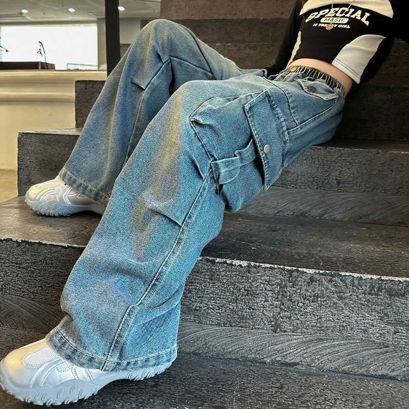 Kids Vintage Distressed Jeans with Pocket For Girls Y2K Fashion High Street Denim Pants Teens Child Baggy Cargo Jeans Trousers R250716