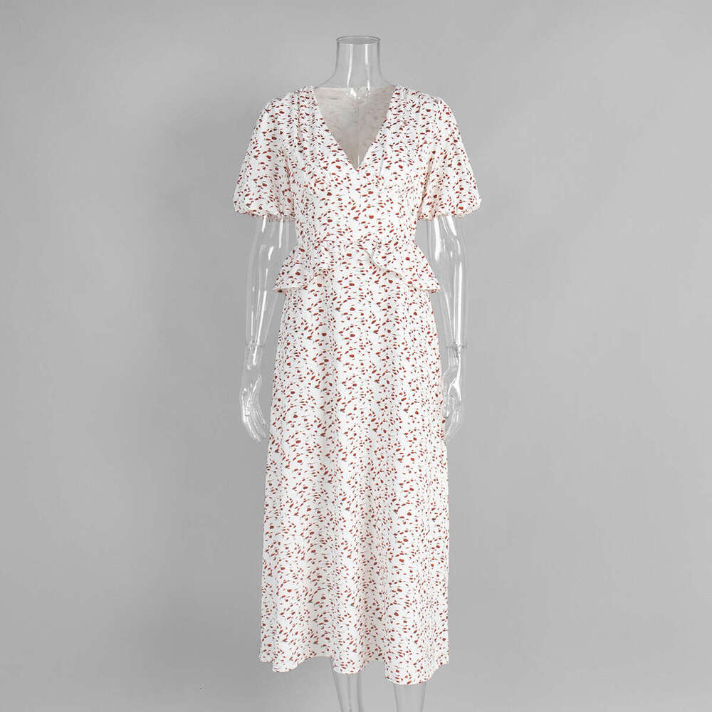 Floral V-Neck New Summer Printed Waist-Cinching Long Puff Sleeve Dress For Women B5