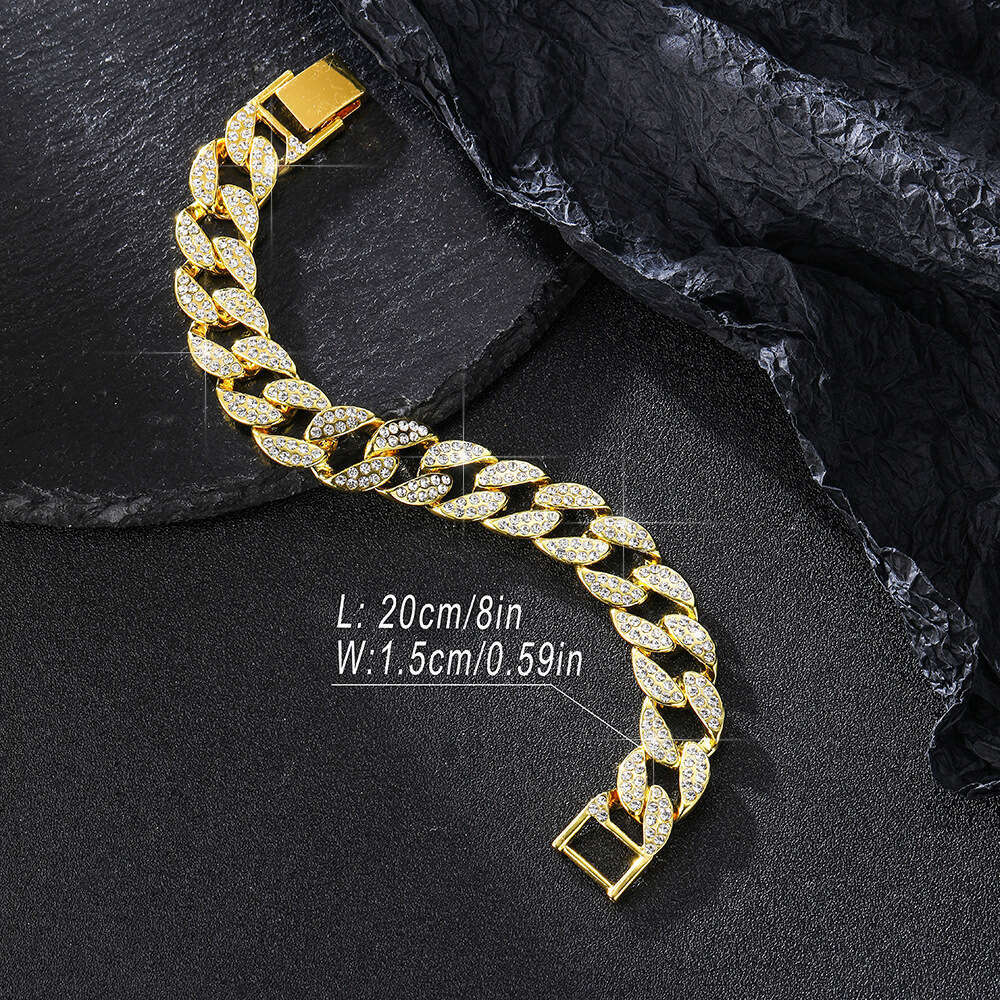 High-end Full Dia Hip-hop Exaggerated 15mm Alloy Inlaid Rhinestone Cuban Necklace
