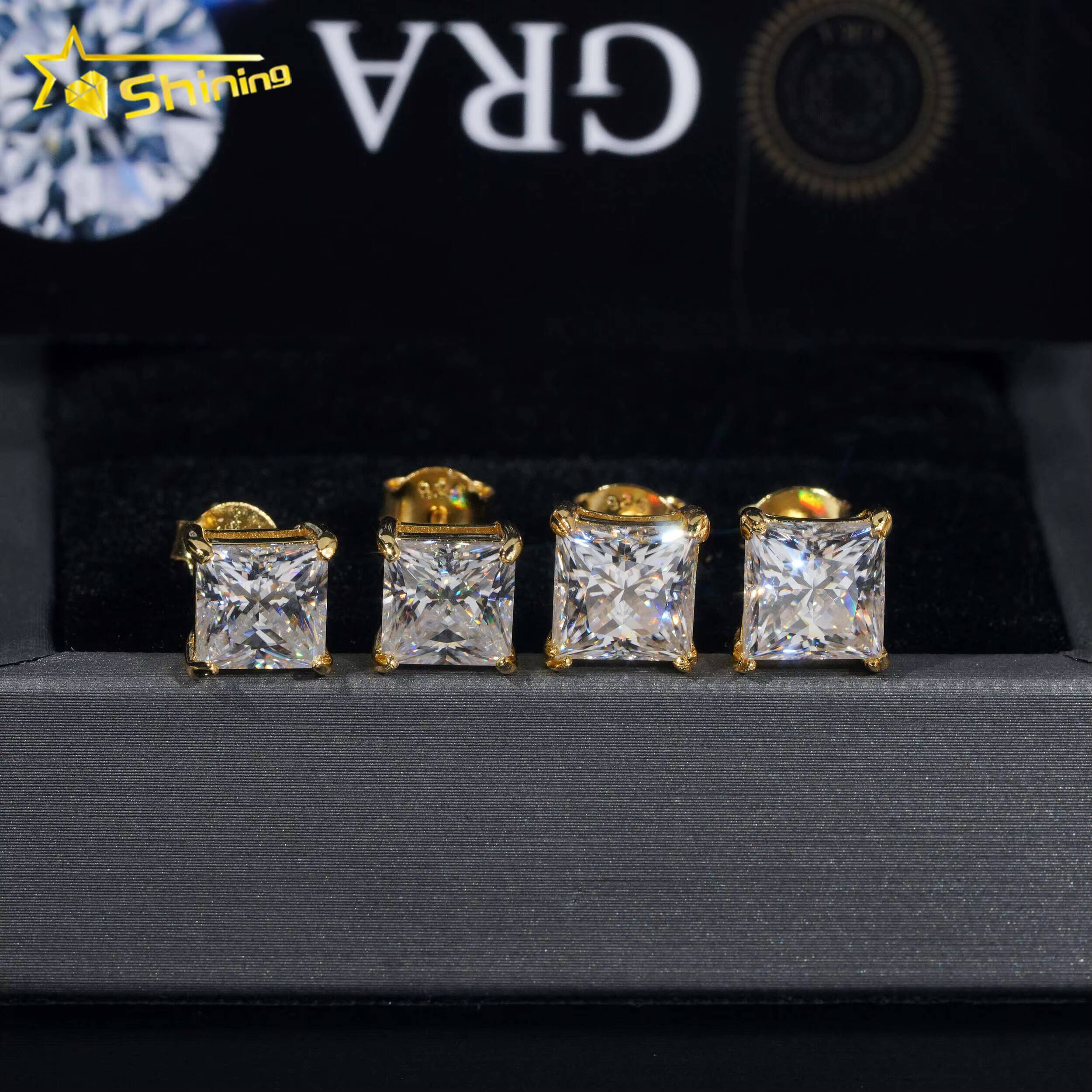 Factory Price GRA Certificated Moissanite Diamond Earrings Women 925 Solid Silver Solitaire Princess Cut Diamond Stud Earrings