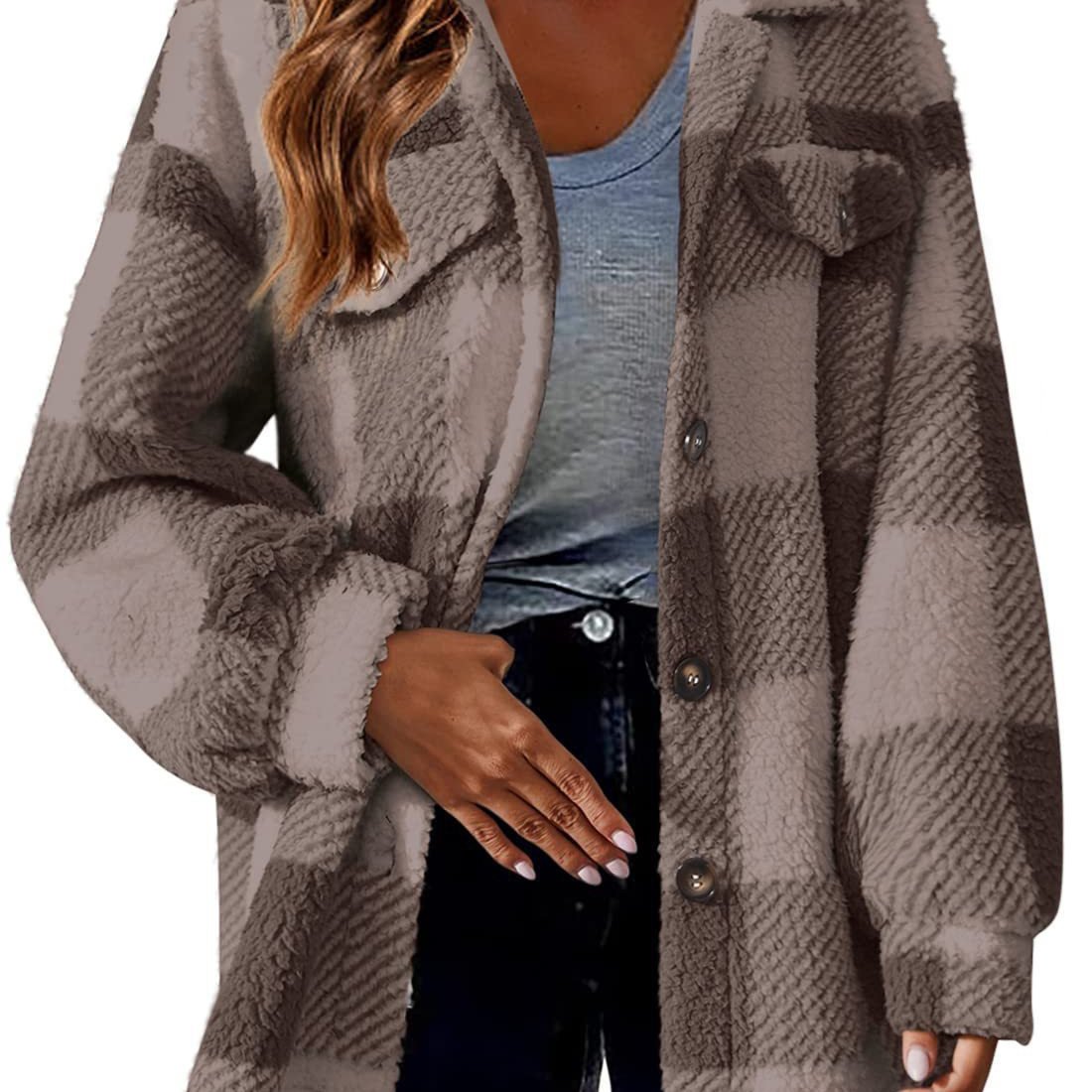 hot Free shipping designer coat for women Fashionable pocket plaid minimalist jacket with button down plush jacket