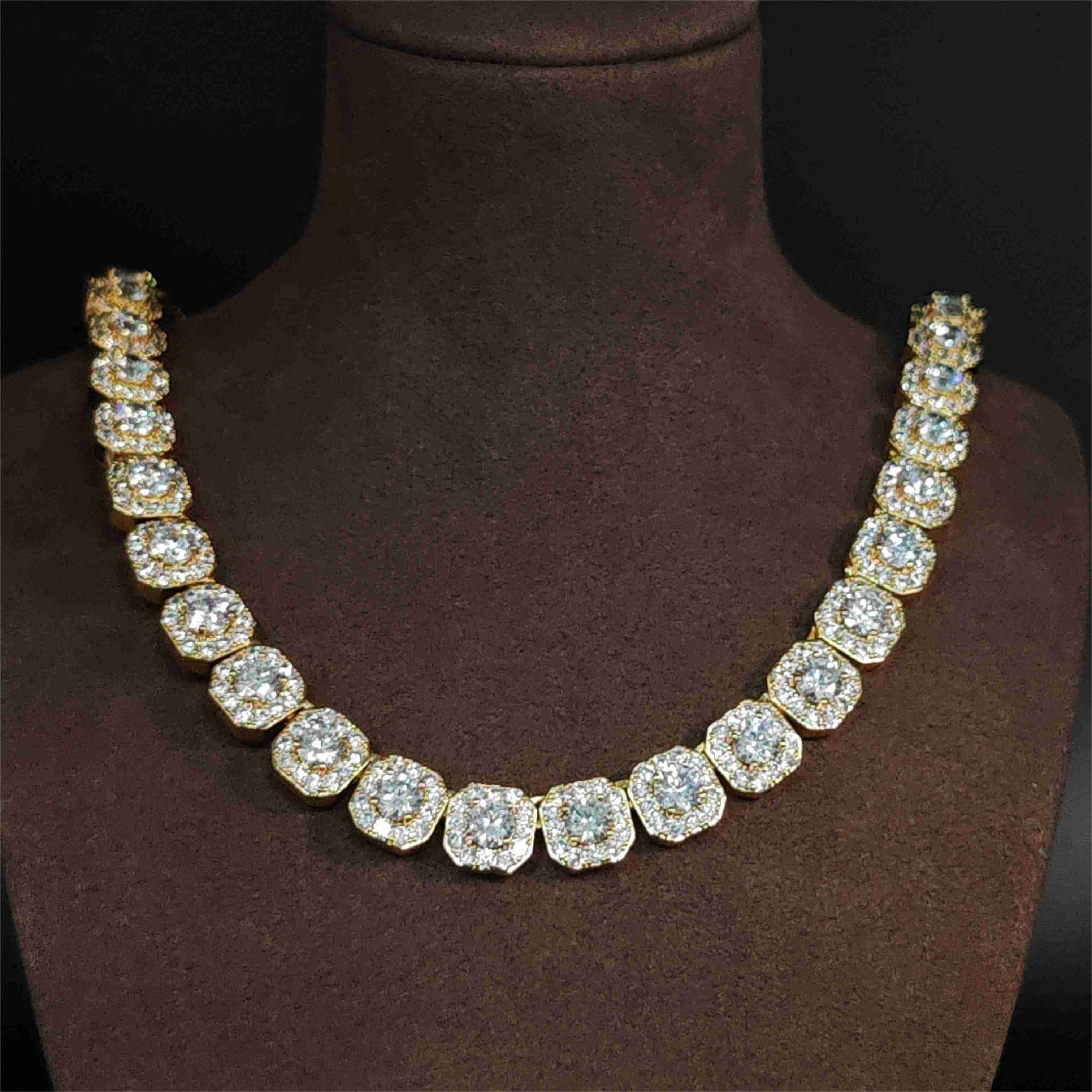 Sparkling Hiphop 12mm Tennis Chain Gold Plated Ice Out Cluster Solid 925 Silver Vvs Moissanite Tennis Chain