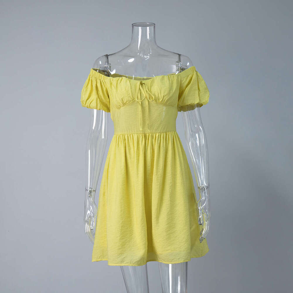 Off-Shoulder Summer New Tie Waist Short Puff Sleeve Dress B5