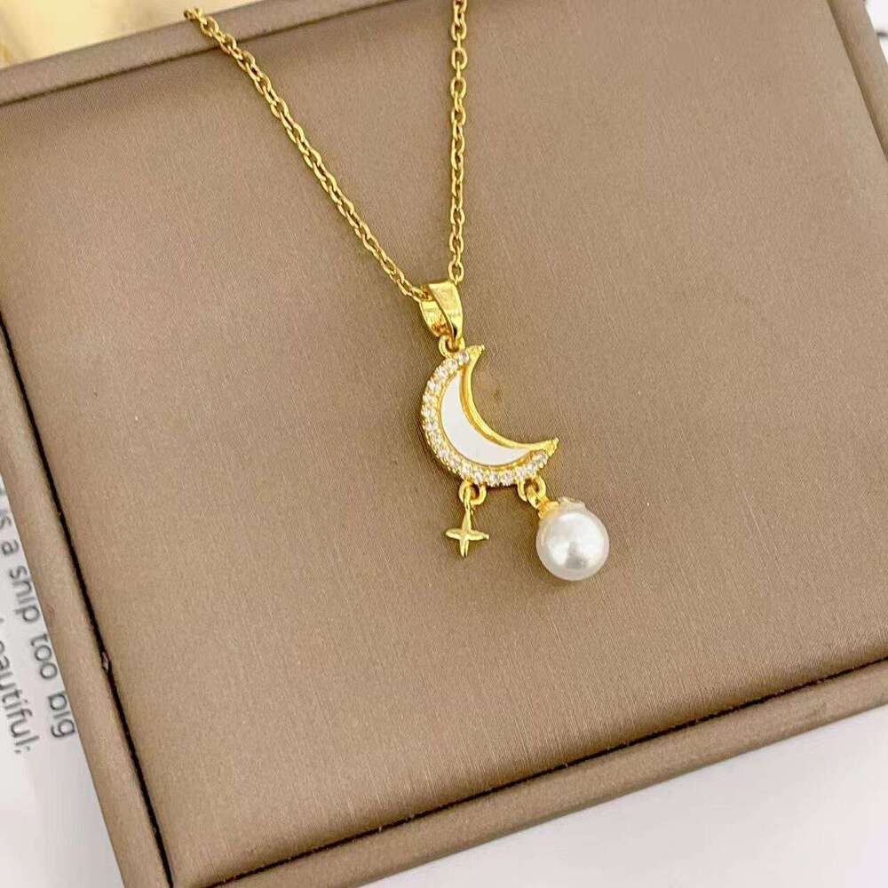 Necklace For Women, Unique Design With Moon Star Pendant, Pearl Hanging, Titanium Steel Necklace, Simple And Elegant Fashion Collarbone Chain 3E0
