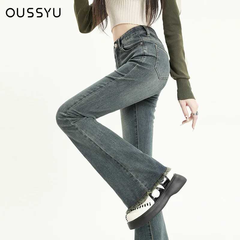 ousyu Summer Flared Jeans Women Cotton Vintage Blue Denim Pants Streetwear Elastic High Waist Slim Harajuku Trousers R250716
