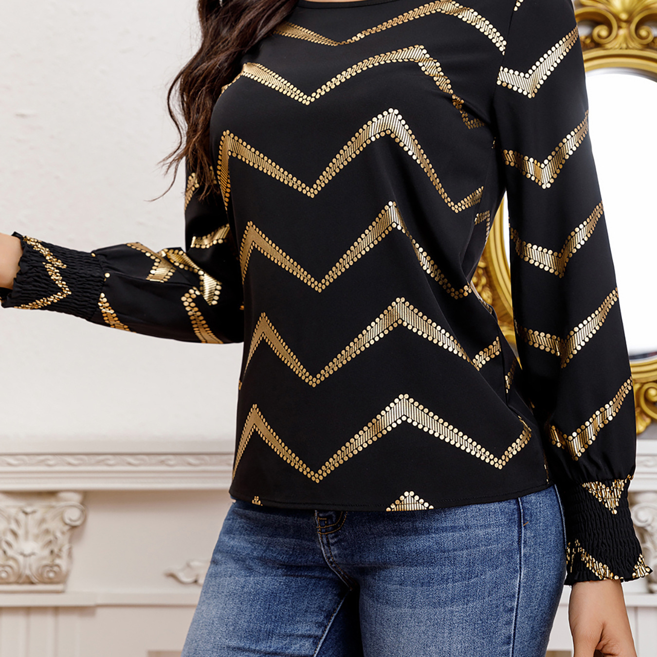 Round Neck Shirt Casual Pleated Long Sleeve Gold Stamping Spring Autumn Women's Clothing