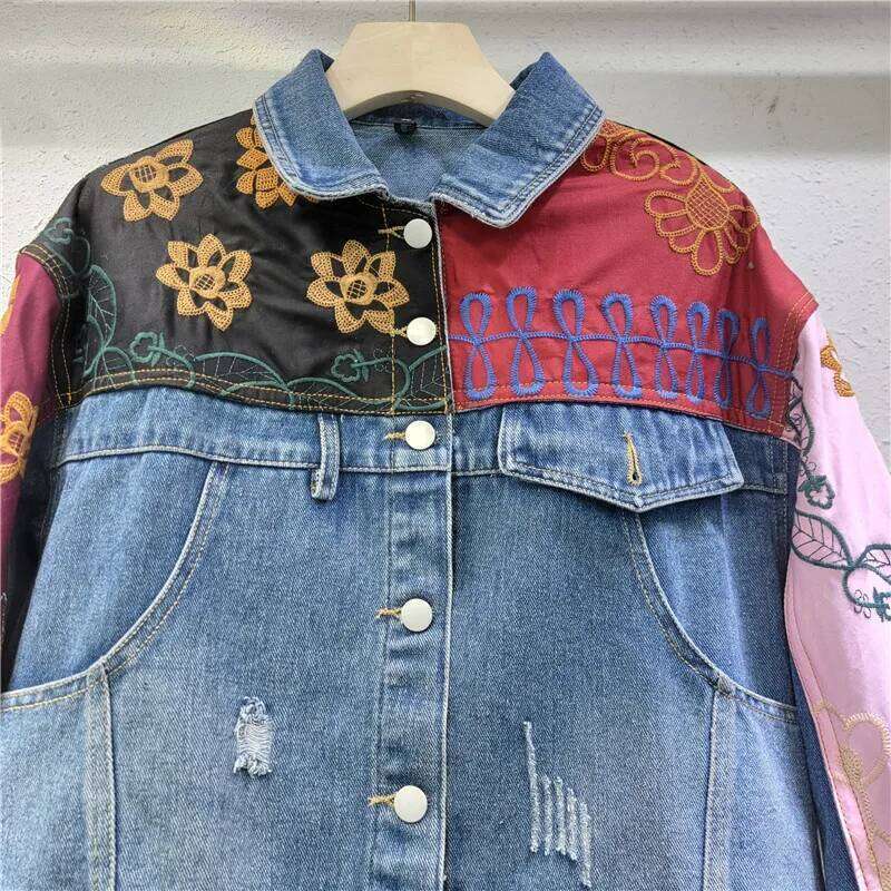 YEAE Retro Contrasting Color Splicing Irregular Long-Sleeved Denim Jacket 2025 Spring New Loose Top