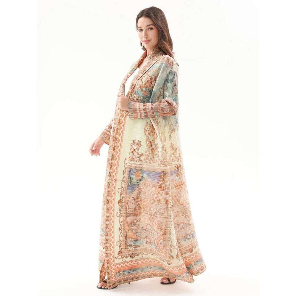 Miyake Pleated Turndown Collar Vintage Printed Long Sleeve Dress Women 2024 New Original Designer Abaya Fashion Classical Coats