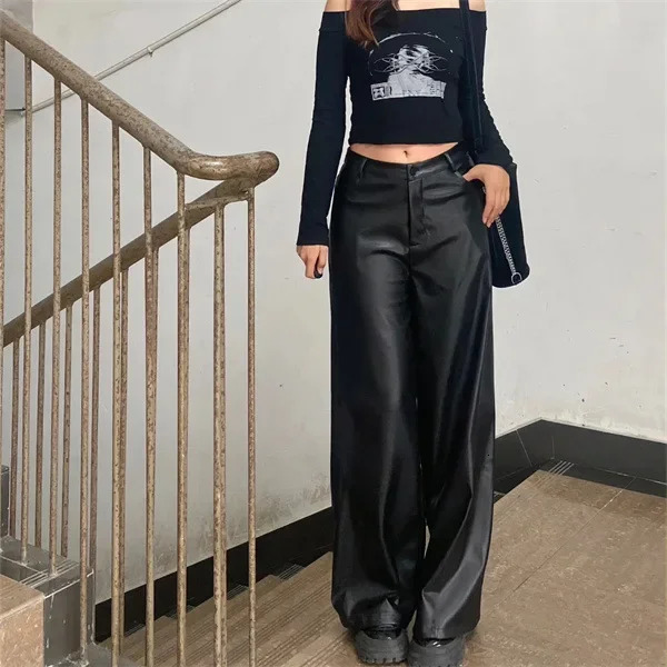 Plus Size HighWaisted StraightLeg Black PU Leather Trousers Casual FloorLength Spring Autumn N WideLeg 250704